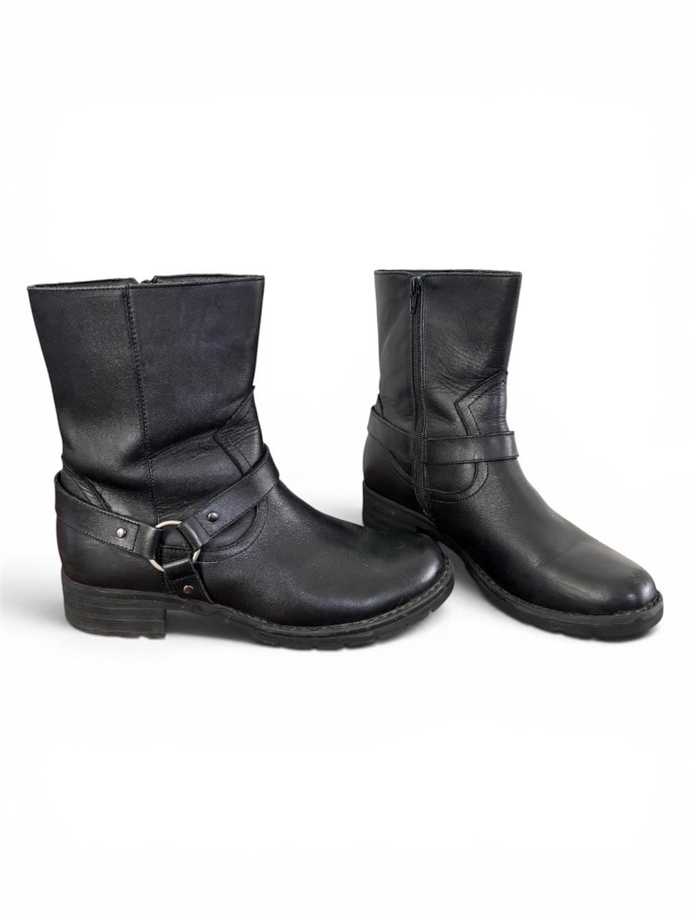 Black Leather Biker Ankle Tall Harness Boots